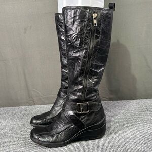 Sekoia Boots Women 6.5 Knee High Leather Low Wedge Buckle Side Zip Preppy Black